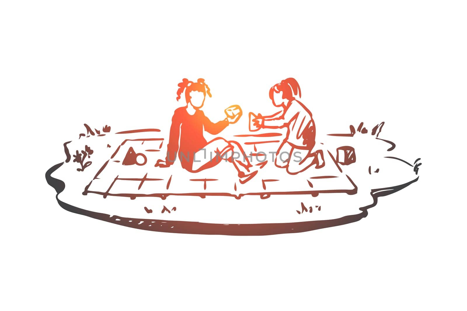 Disabled, girl, play, prosthesis concept. Hand drawn disabled girl with protesis hand play concept sketch. Isolated vector illustration.