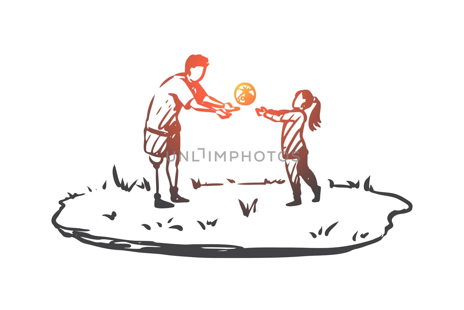 Handicapped, boy, disabled, play, ball, prosthesis concept. Hand drawn disabled boy play with ball concept sketch. Isolated vector illustration.