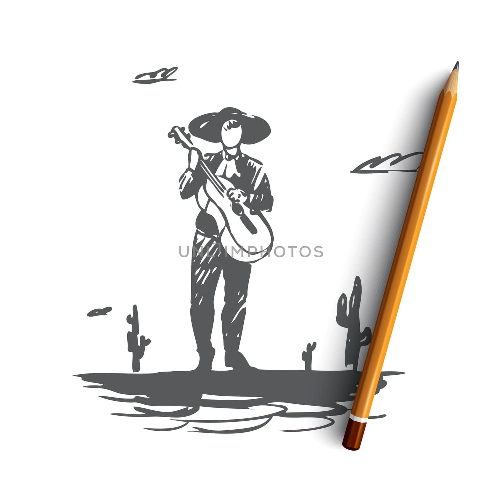 Mexico, guitar, cactus, sombrero, Mexican concept. Hand drawn traditional Mexican man with guitar and sombrero concept sketch. Isolated vector illustration.