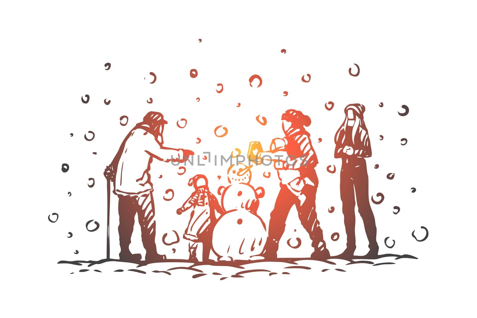 Family, winter, snowman, people, childhood concept. Hand drawn happy big family play with snowman, wintertime concept sketch. Isolated vector illustration.