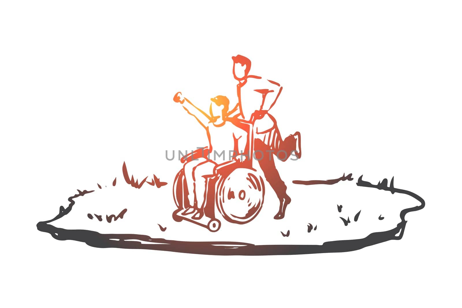 Wheelchair, handicapped, boy, walk concept. Hand drawn boy on wheelchair walk on lawn concept sketch. Isolated vector illustration.