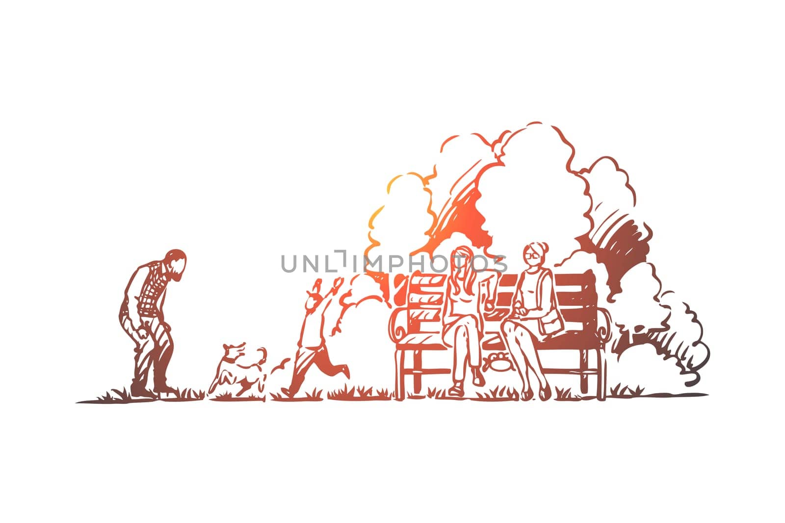 Family, spring, park, dog, nature concept. Hand drawn child has fun with parents and dog in the park concept sketch. Isolated vector illustration.