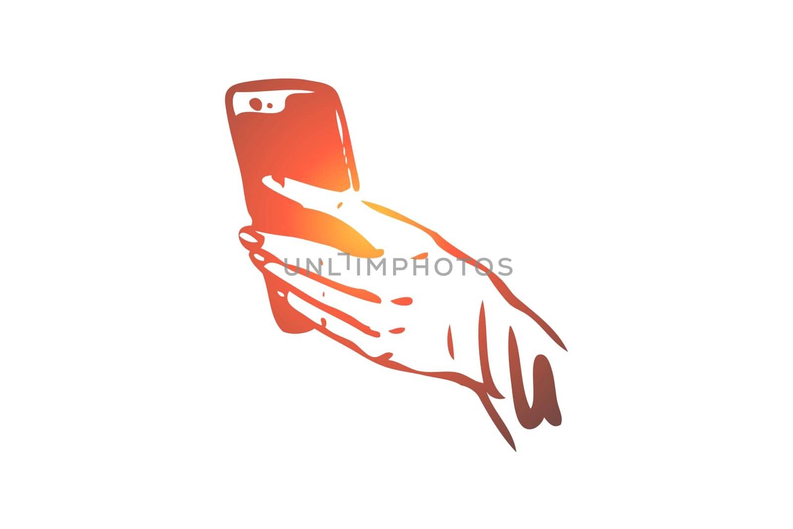 Smartphone, hand, screen, finger, mobile concept. Hand drawn mobile smartphone in human's hands concept sketch. Isolated vector illustration.