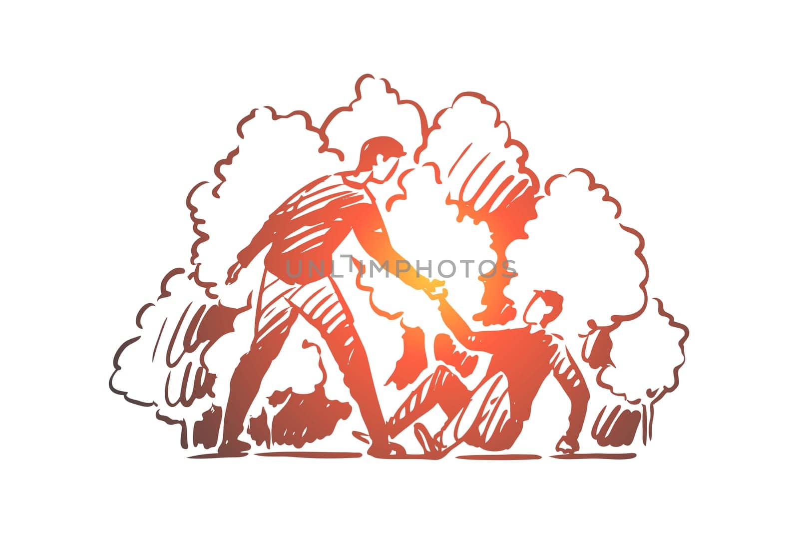 Help, fall, man, accident, people concept. Hand drawn man helps person to rise concept sketch. Isolated vector illustration.