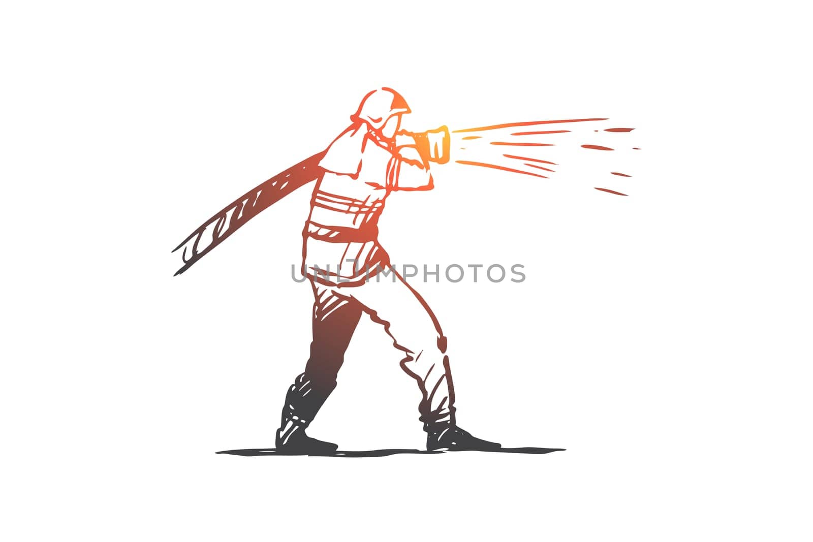 Firefighter, emergency, fire, helmet, rescue concept. Hand drawn firefighter in uniform concept sketch. Isolated vector illustration.