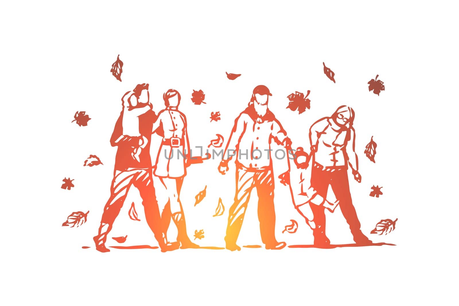 Family, autumn, park, people, tree concept. Hand drawn happy big family with kids walking in autumn park concept sketch. Isolated vector illustration.