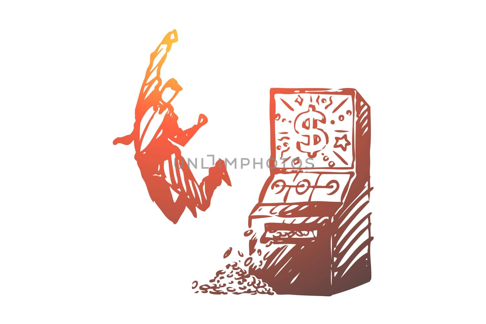 Casino, winner, machine, man, happy concept. Hand drawn happy man won money in casino concept sketch. Isolated vector illustration.