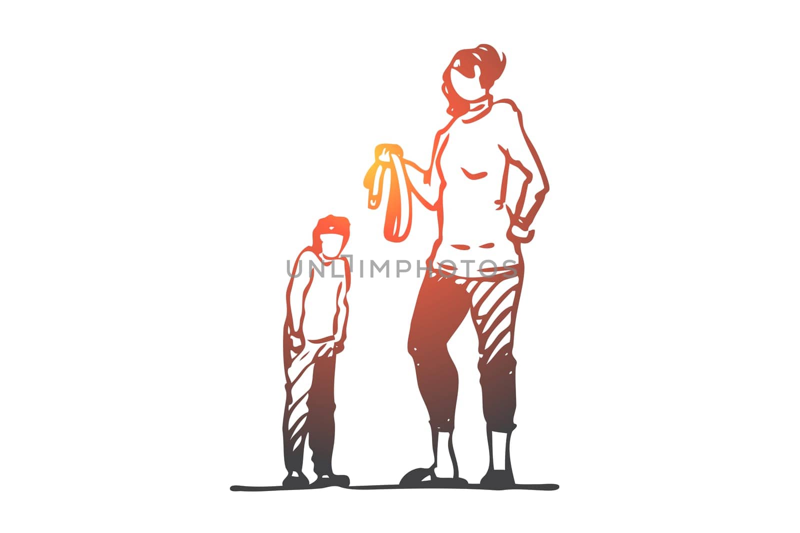 Son, mom, belt, punishment, angry, fear concept. Hand drawn mother punish son with belt concept sketch. Isolated vector illustration.
