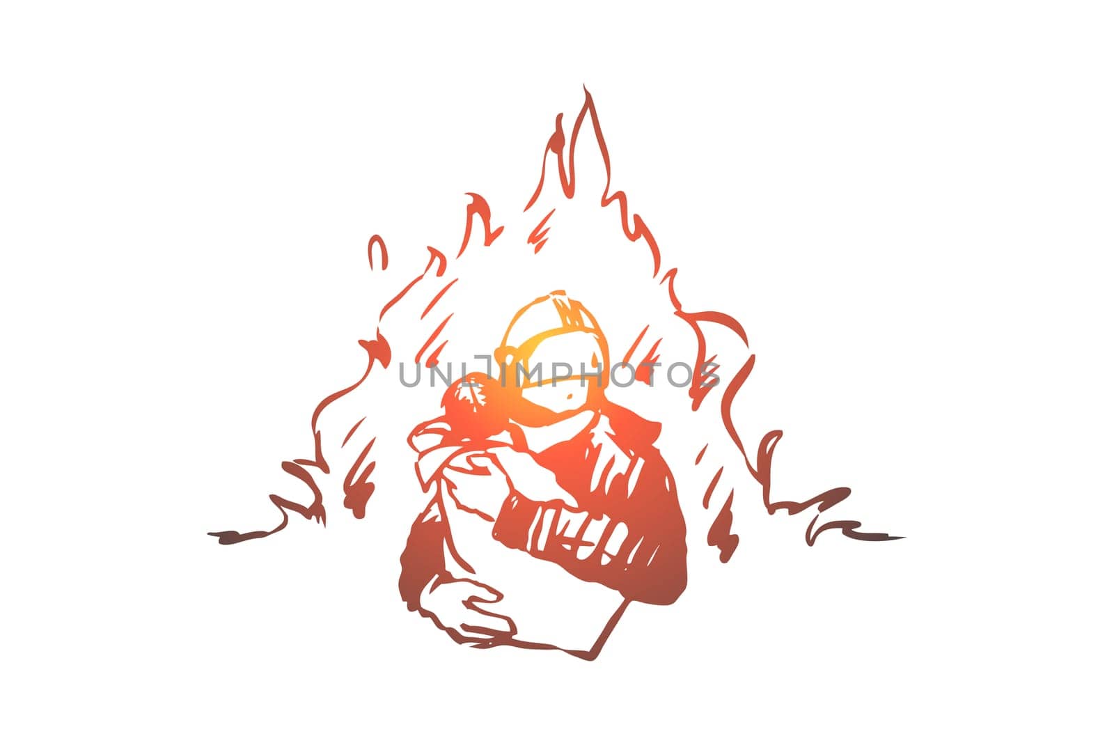 Firefighter, safety, fire, child, rescue concept. Hand drawn firefighter saved child from fire concept sketch. Isolated vector illustration.