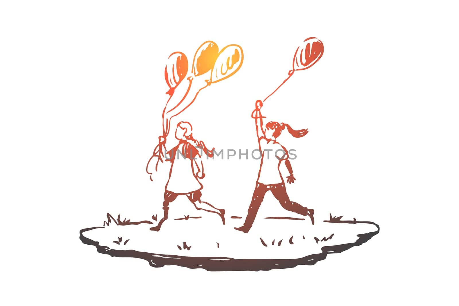 Handicapped, girl, balloon, friend, disability concept. Hand drawn handicapped girl with balloons concept sketch. Isolated vector illustration.