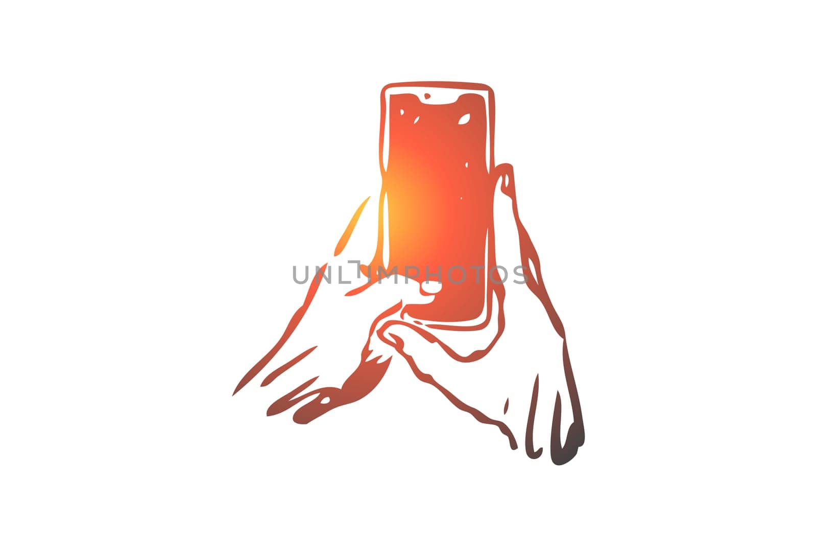 Smartphone, hand, typing, screen, gadget concept. Hand drawn person typing on smartphone concept sketch. Isolated vector illustration.
