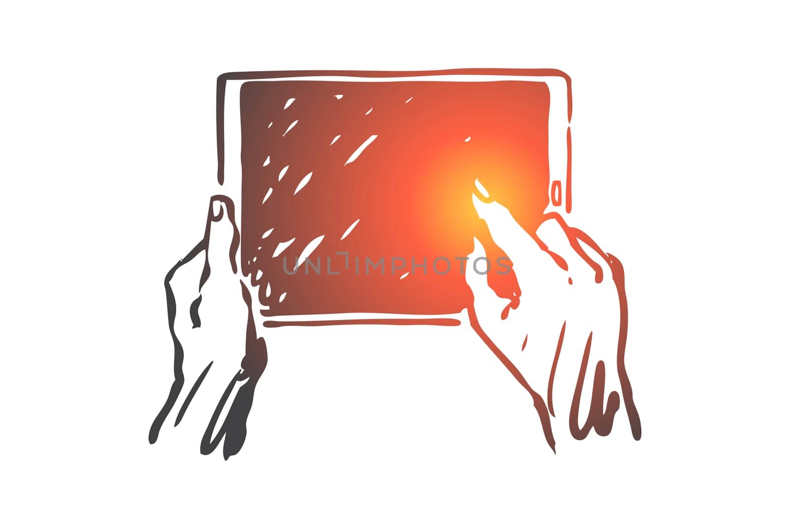 Tablet, screen, hands, hold, display concept. Hand drawn finger touch tablet's screen concept sketch. Isolated vector illustration.