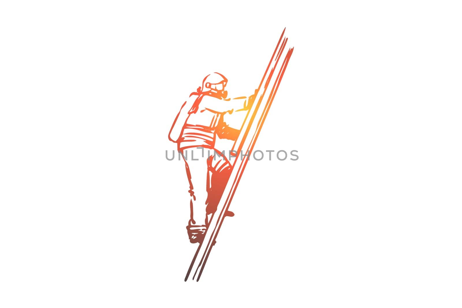 Firefighter, fire, rescue, danger, stairs concept. Hand drawn firefighter climbs the stairs concept sketch. Isolated vector illustration.