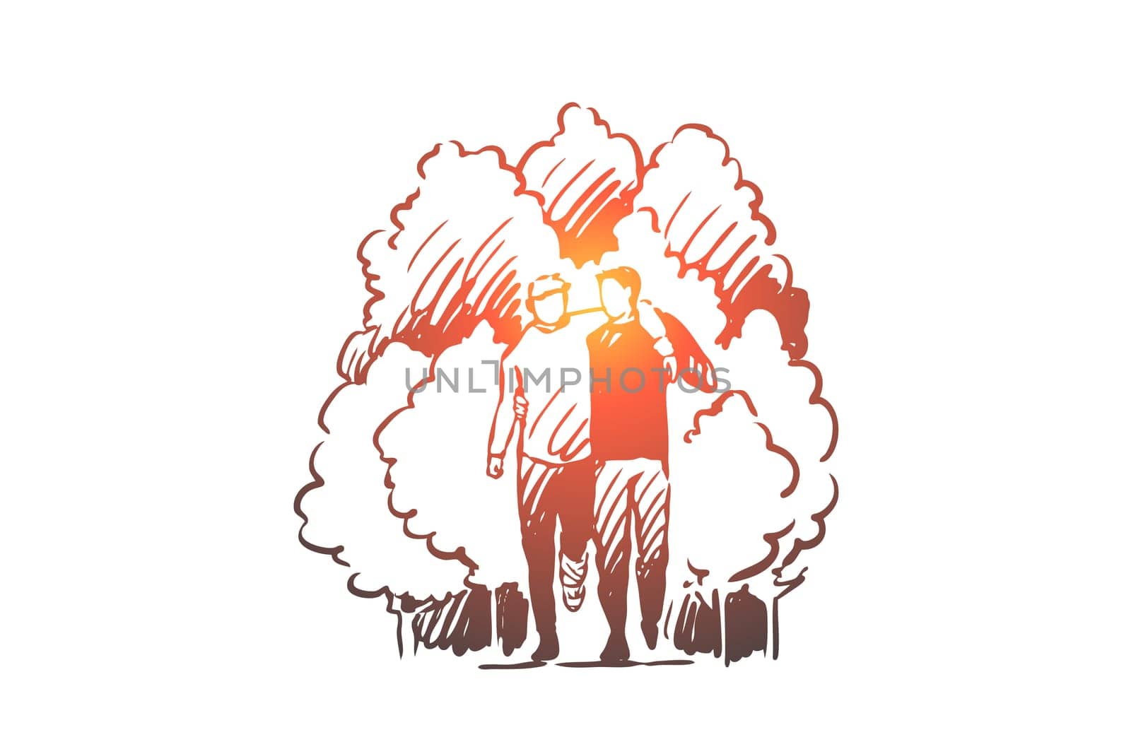 Bandage, care, help, injury, leg concept. Hand drawn man helps to man walk with leg injury concept sketch. Isolated vector illustration.