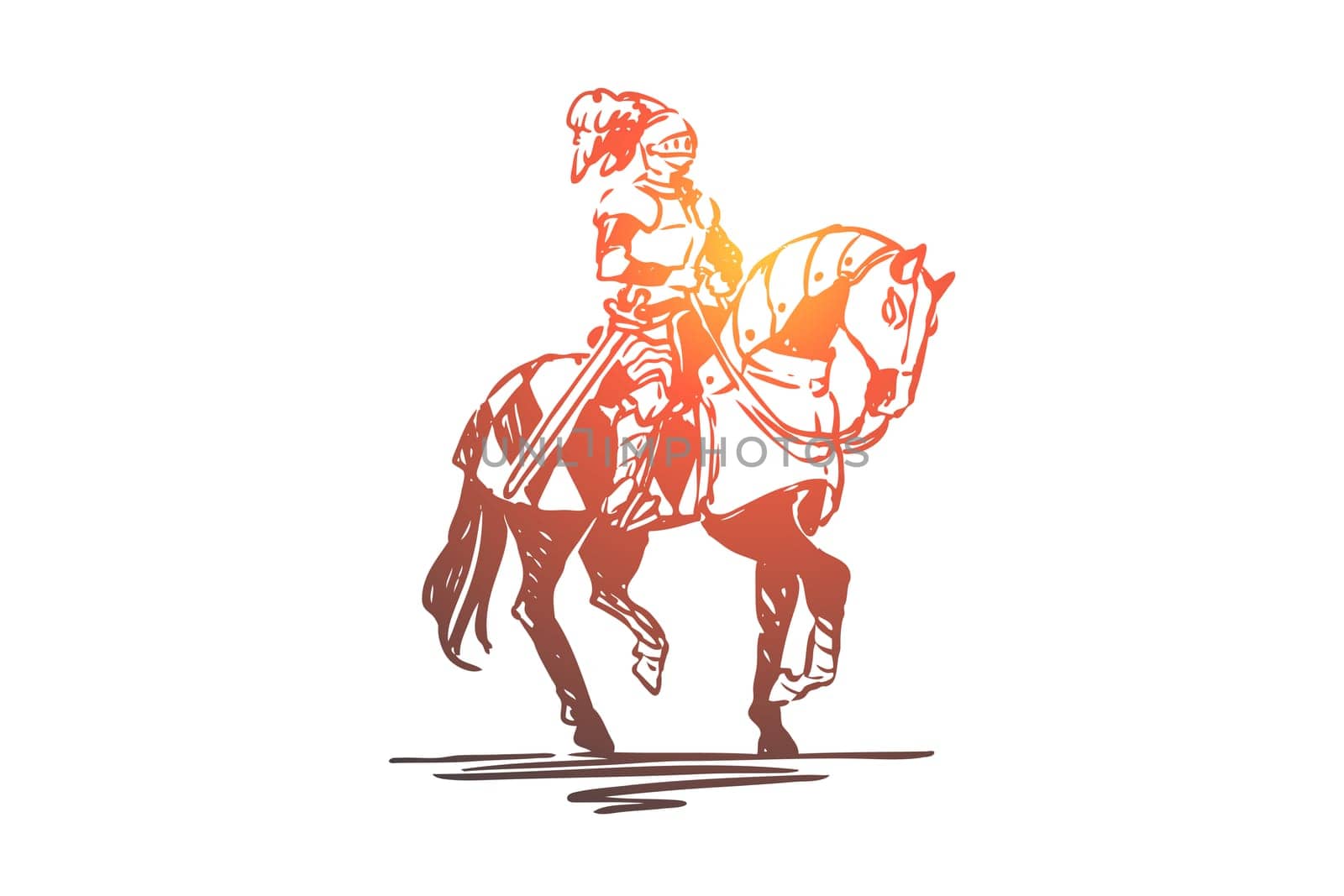 Knight, horse, medieval, character, armor concept. Hand drawn ancient knight dressed in armor on knight concept sketch. Isolated vector illustration.
