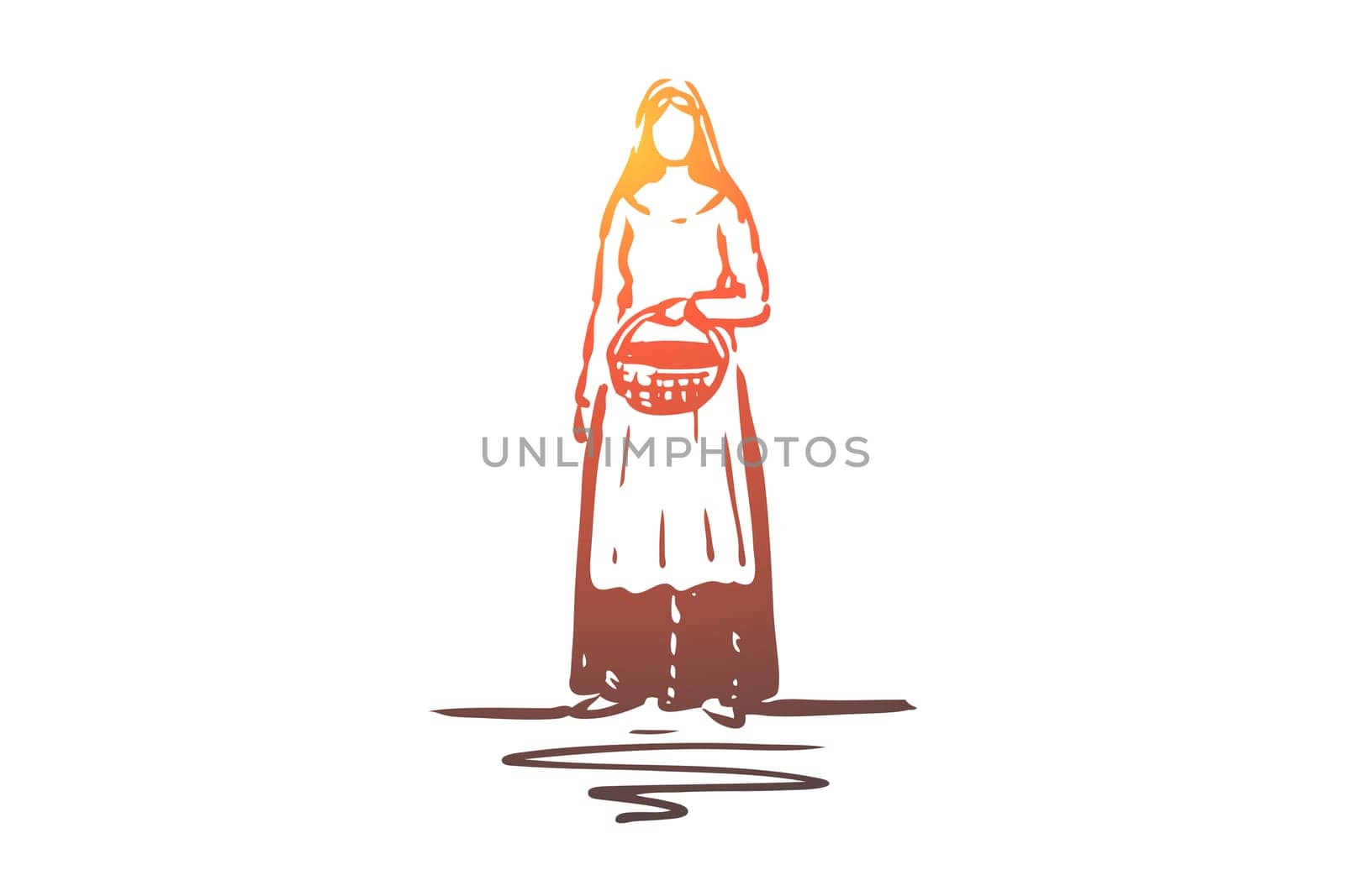 Medieval, woman, dress, costume, ancient concept. Hand drawn woman with basket in medieval dress concept sketch. Isolated vector illustration.