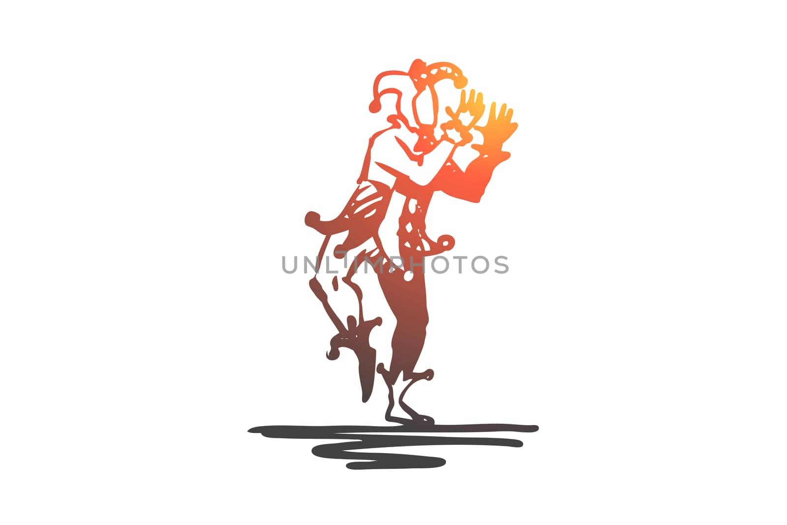 Jester, medieval, character, hat, clown concept. Hand drawn jester in comic dress concept sketch. Isolated vector illustration.