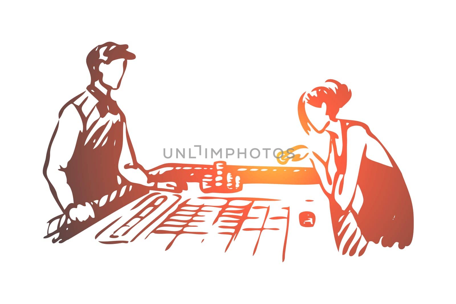 Casino, woman, game, poker, gamble concept. Hand drawn woman play poker in casino concept sketch. Isolated vector illustration.