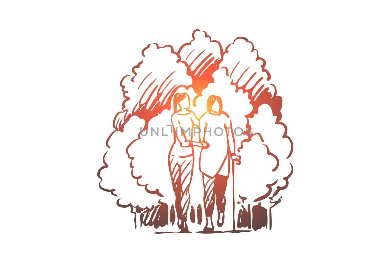 Leg, injury, crutch, pain, help concept. Hand drawn woman helps woman to walk with crutch concept sketch. Isolated vector illustration.