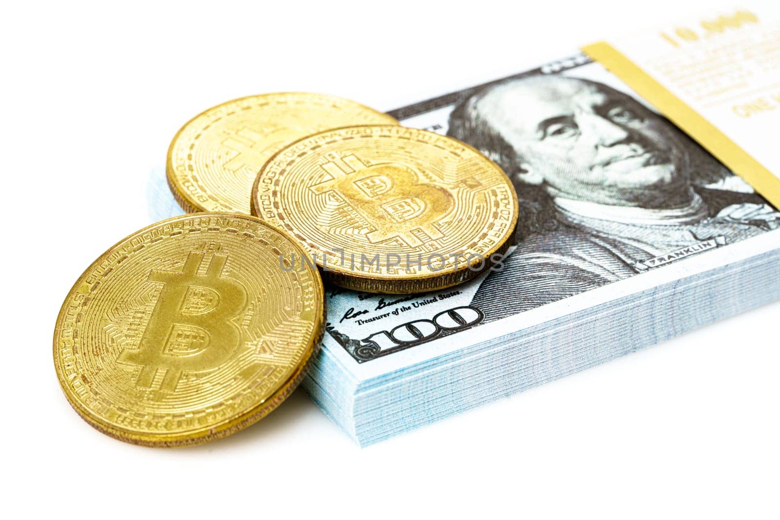 Bitcoin on US dollar banknotes. cryptocurrency business background