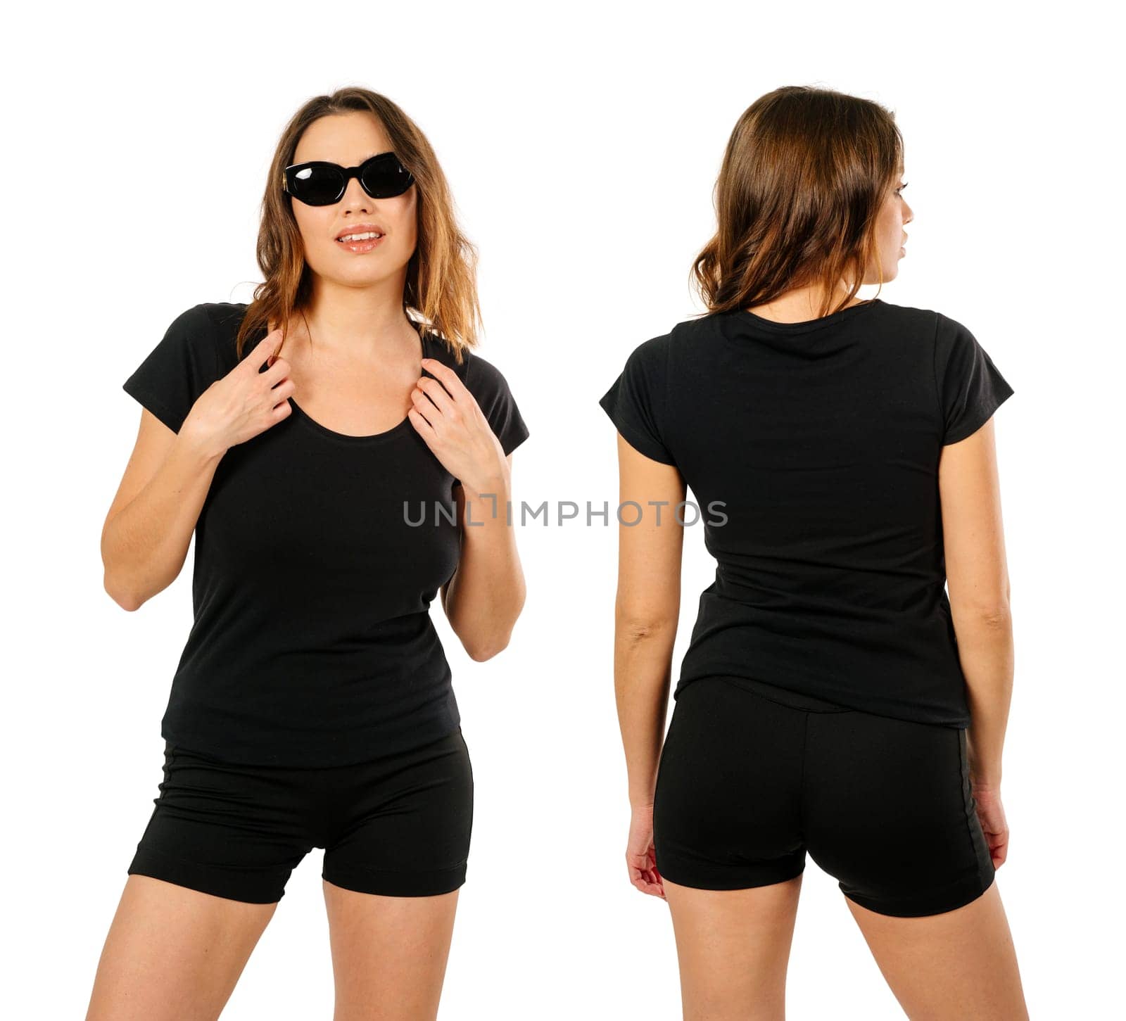 Photo of a young beautiful woman wearing sunglasses and a blank black shirt, front and back. Ready for your design or artwork..