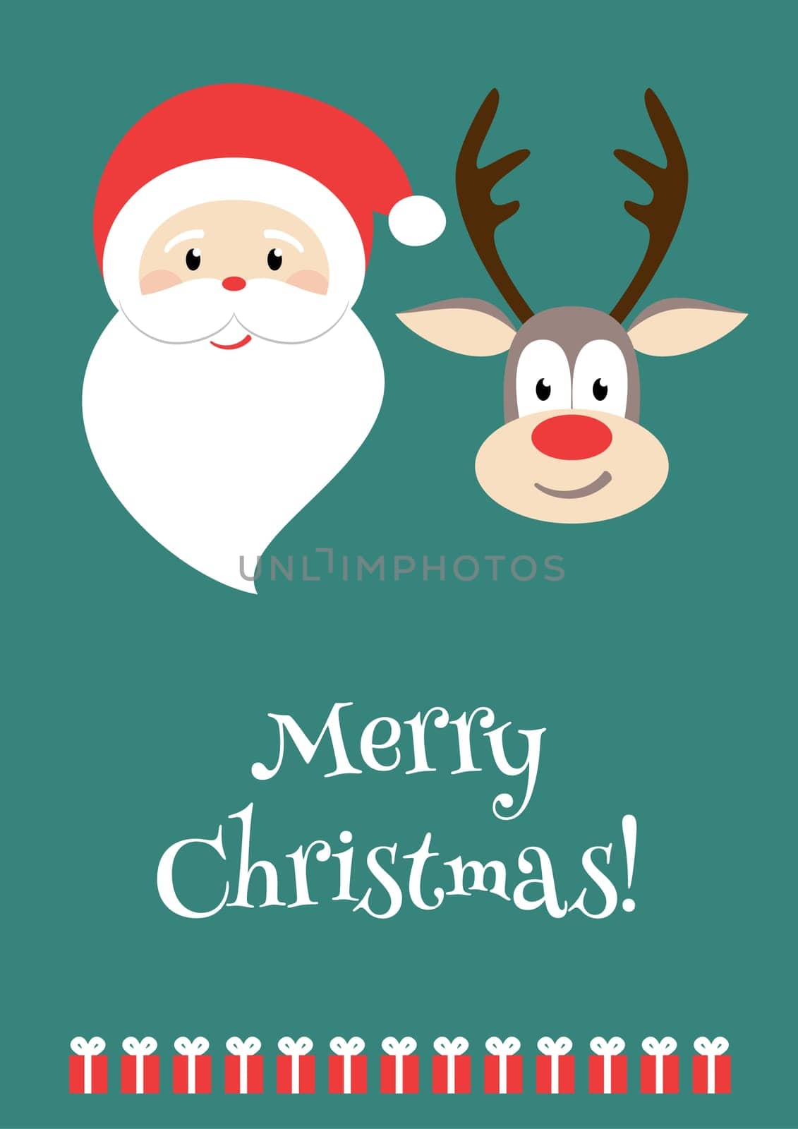 Merry Christmas greeting card. Decorative invitation template. Santa Claus, reindeer and presents. Poster with red bow. Place for text. Holiday themed design with red bow.