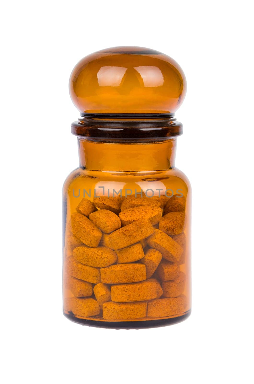 Brown vintage bottle with pills isolated on white background