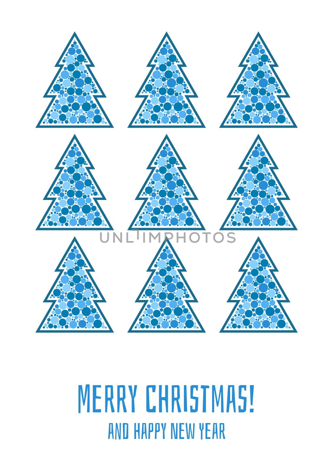 Merry Christmas and Happy New Year greeting card. Decorative invitation, flyer, poster template with text. Christmas tree with bubbles, snow flakes. Holiday themed graphic design. Vector illustration