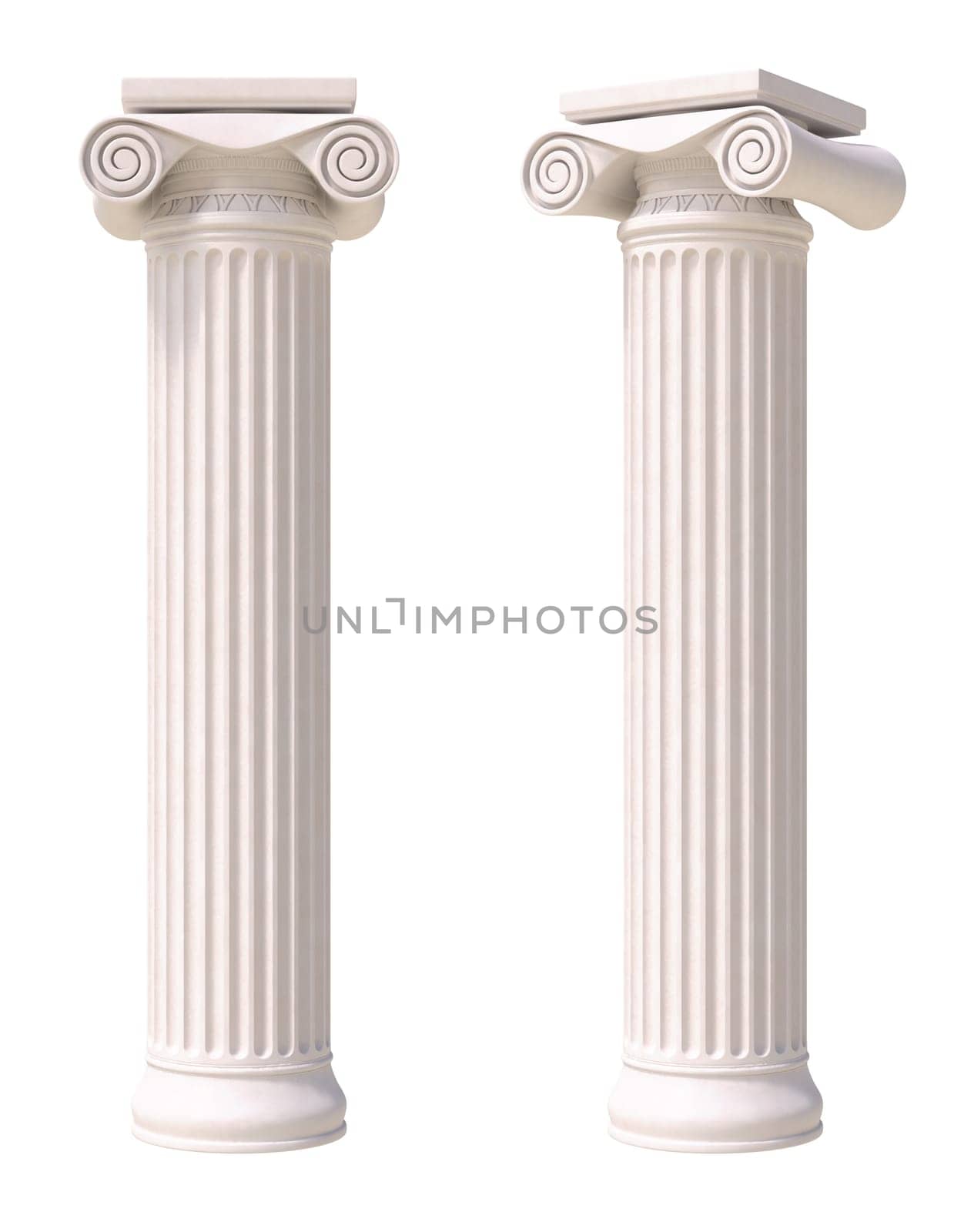 Antique columns in greek style. Front and side view. Isolated on white background.