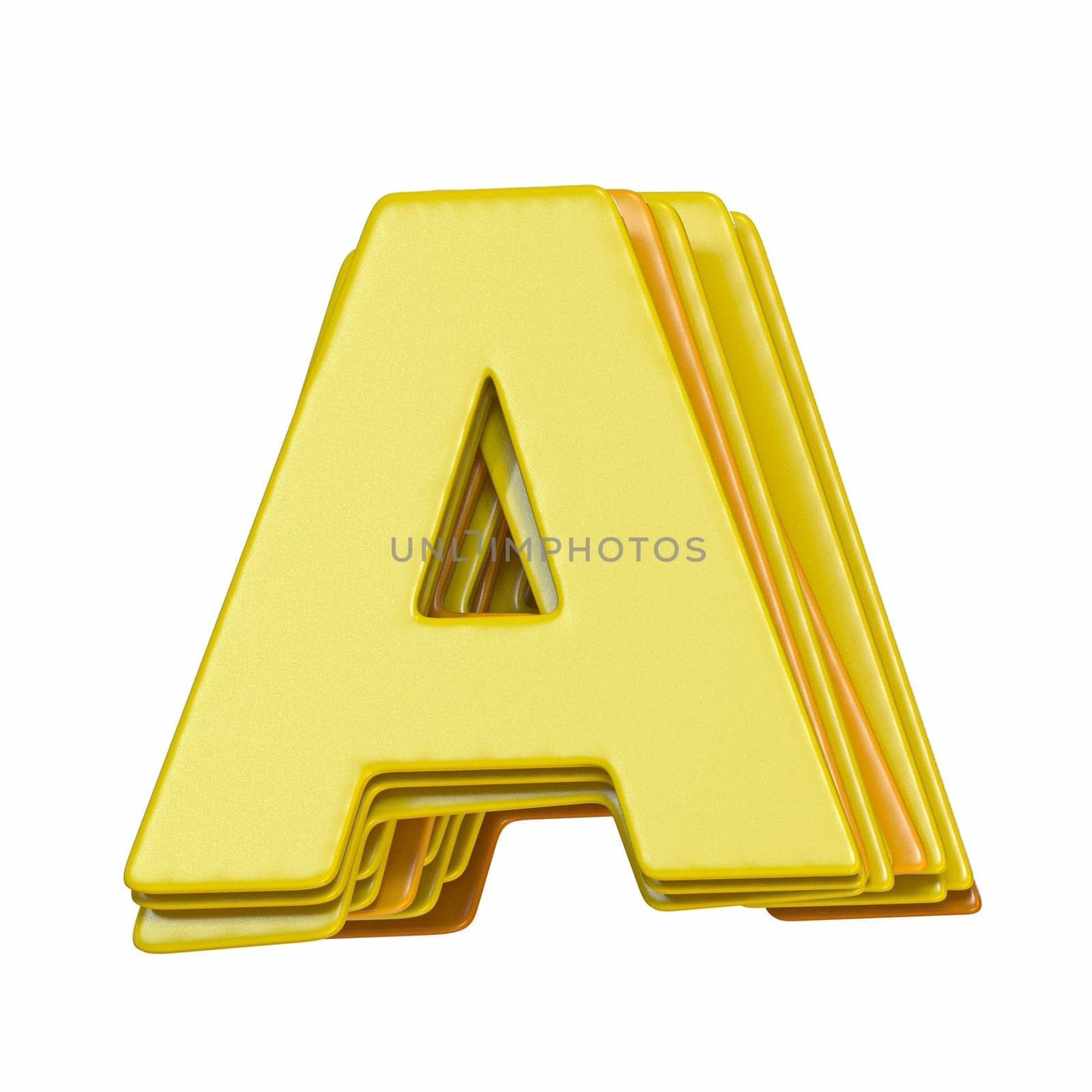 Yellow font Letter A 3D render illustration isolated on white background