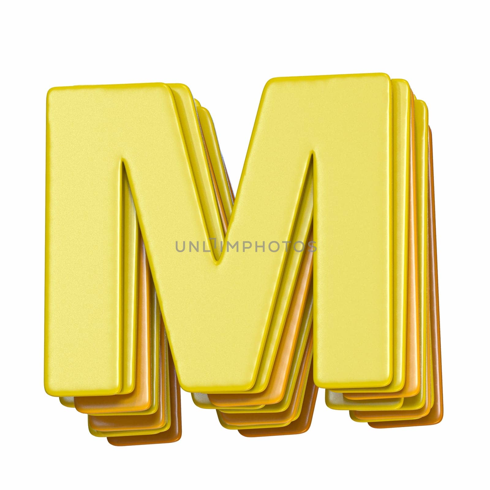 Yellow font Letter M 3D render illustration isolated on white background