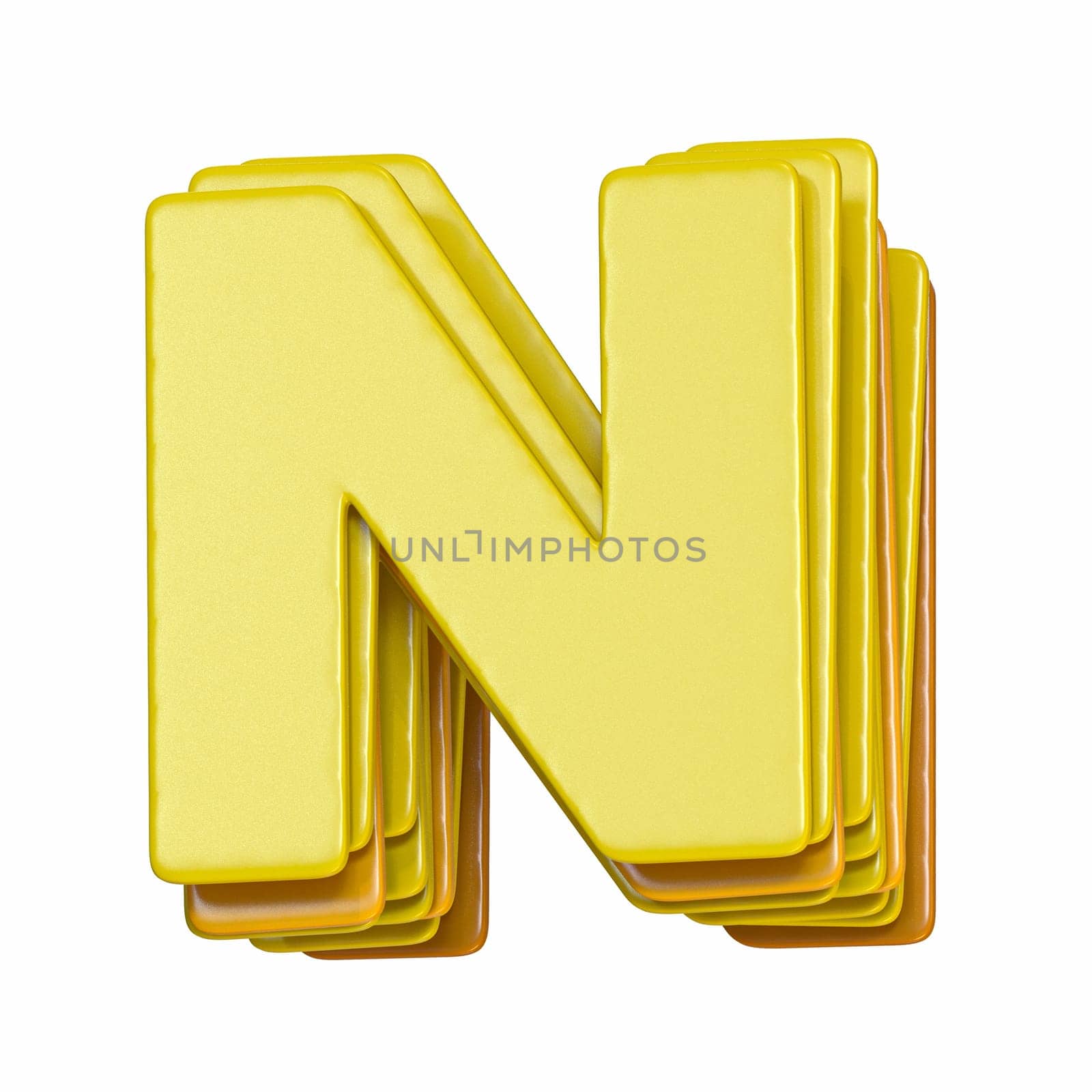 Yellow font Letter N 3D render illustration isolated on white background