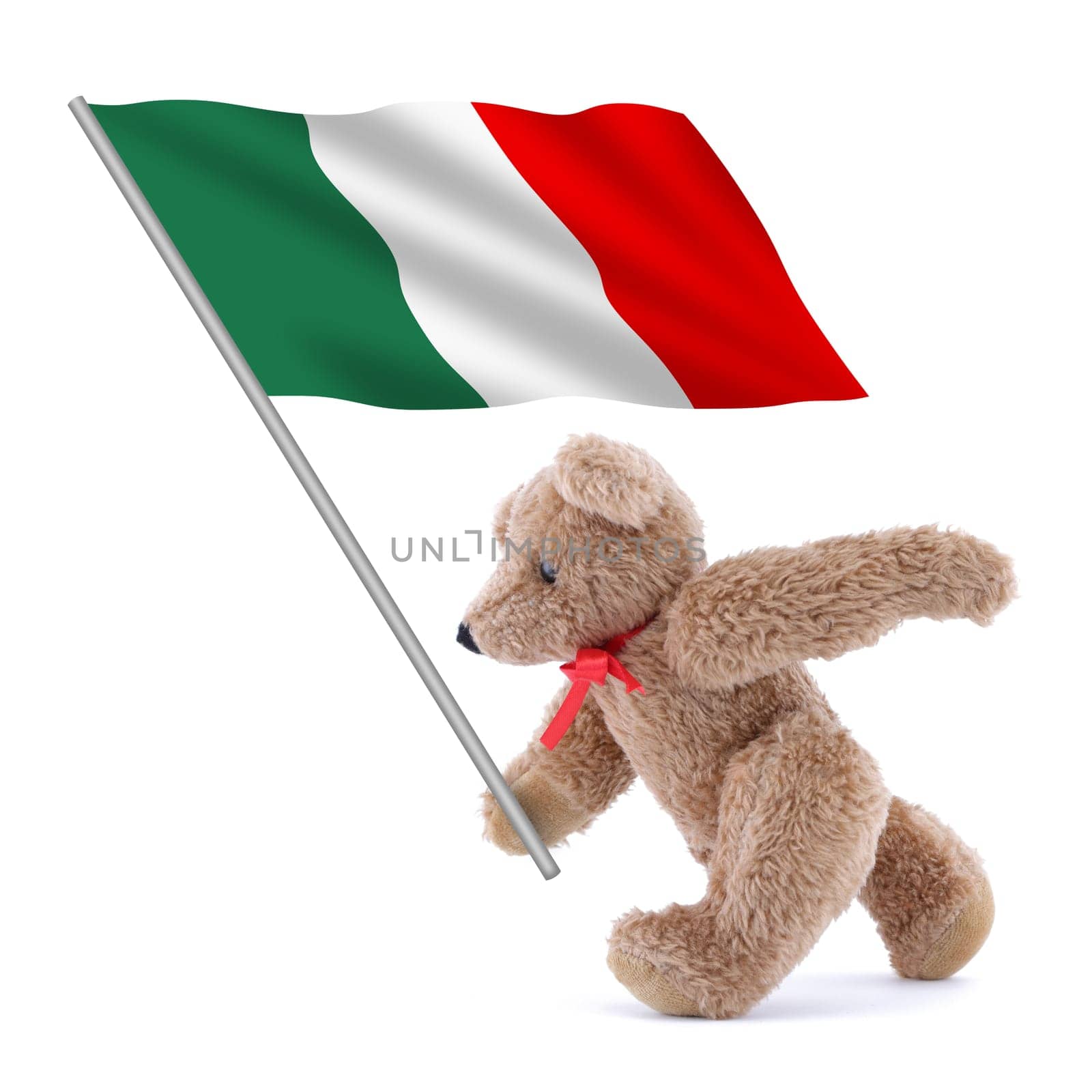 An Italy flag being carried by a cute teddy bear