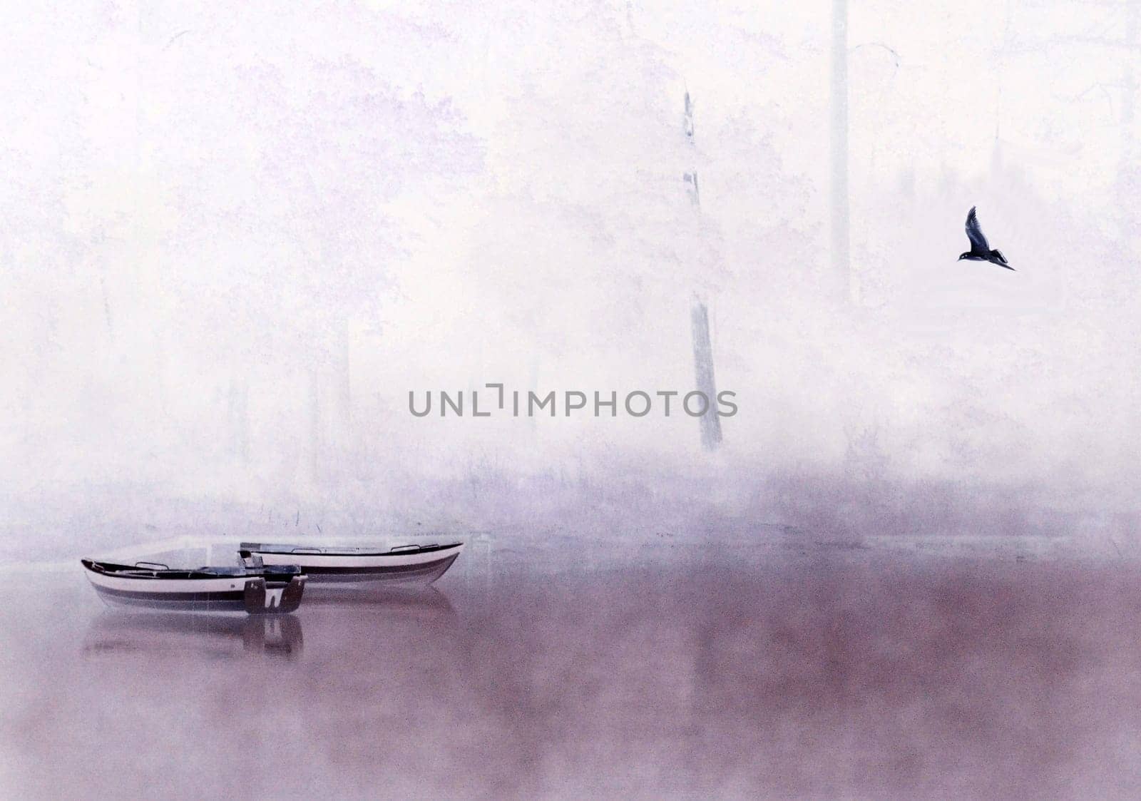 fishing boat in the fog on the Masurian Lake