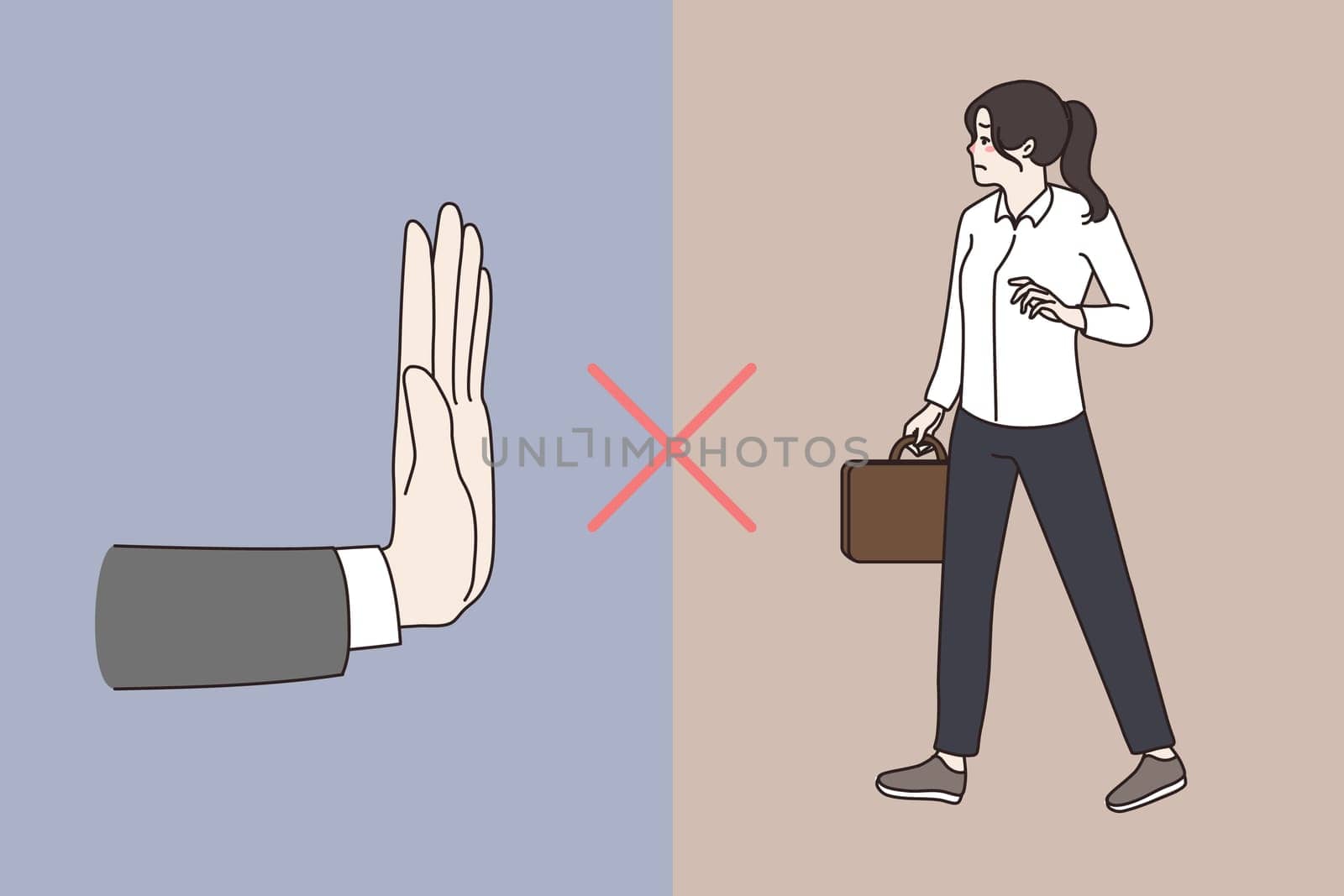 Gender sex discrimination at work. Women employees not allowed discriminate at workplace. Huge hand and female worker. Employment, recruitment problem. Equality. Flat vector illustration.