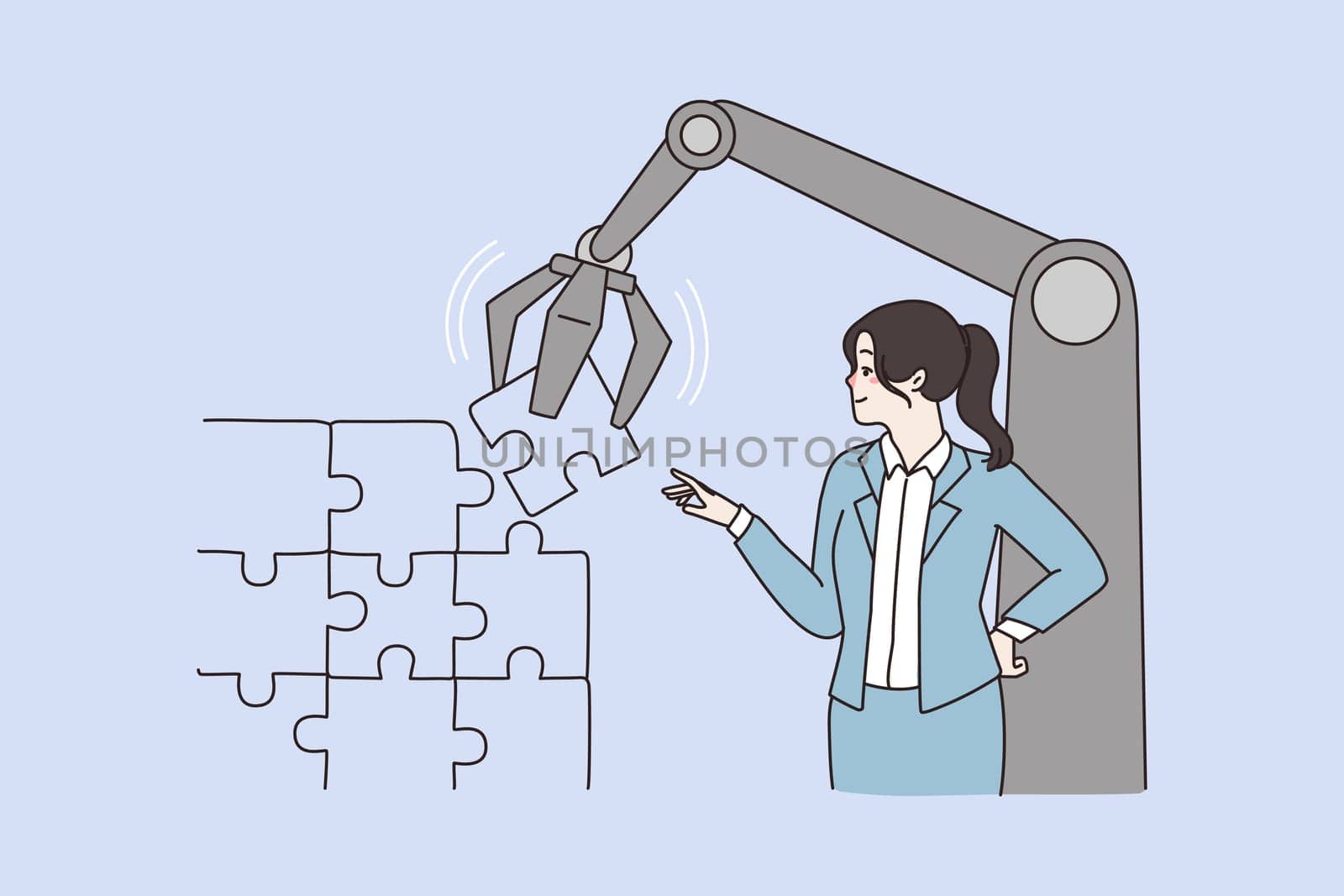 Businesswoman use modern machinery connect jigsaw puzzle pieces, find business solution. Woman employee or worker connect elements, brainstorm think of problem solving. Vector illustration.