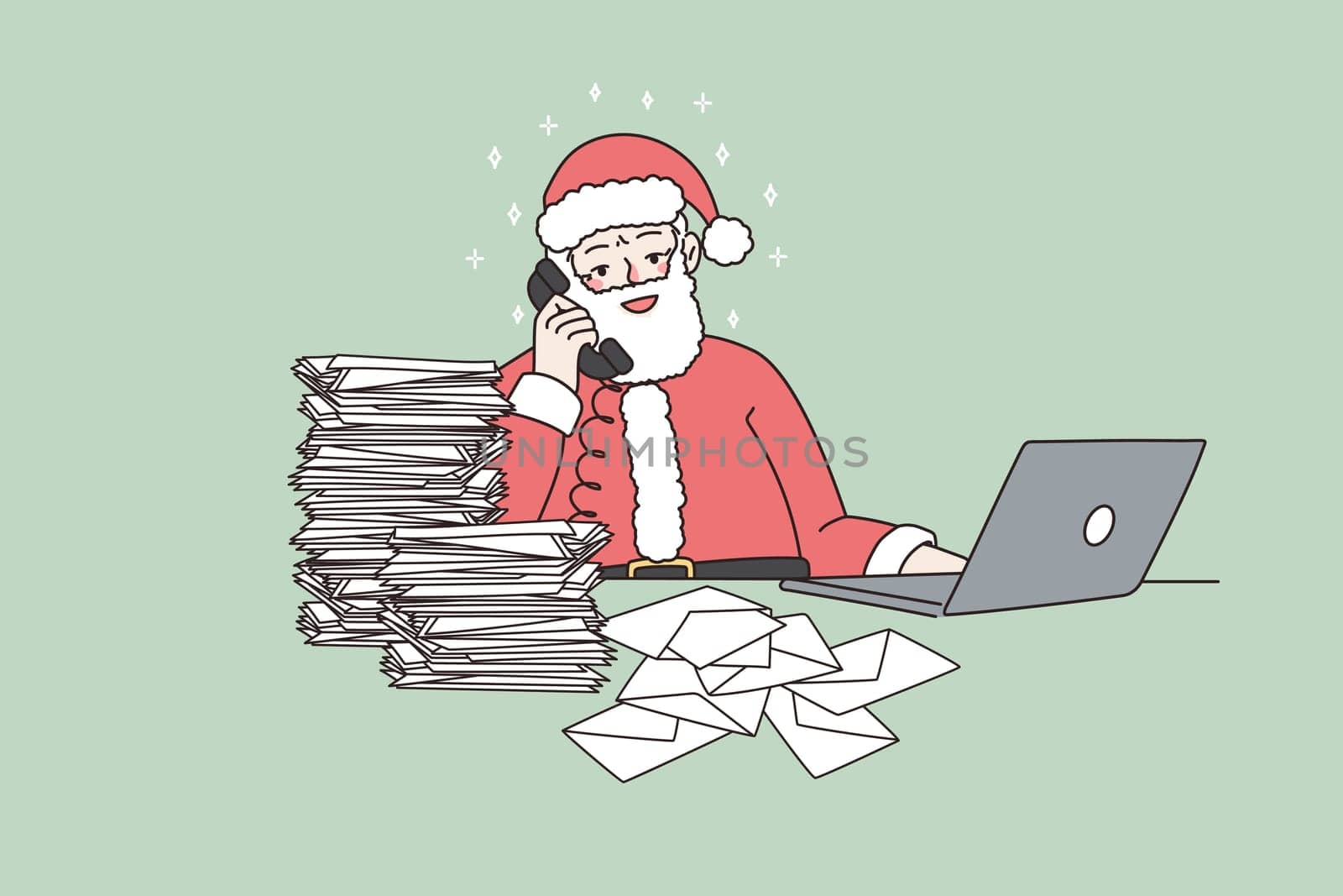Modern Santa Claus at desk talk on phone answer paper letters work on computer. Old father Christmas speak with children online, using laptop and telephone. New Year. Flat vector illustration.