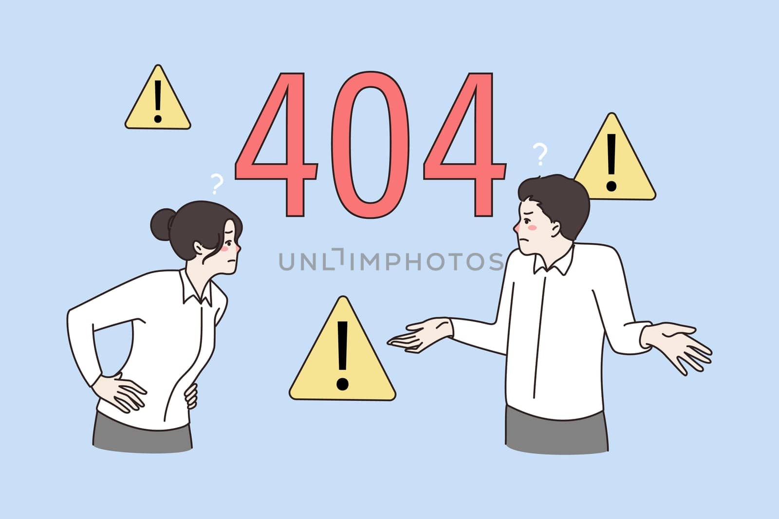 Frustrated people get error 404 page not found on screen. Web maintenance device or gadget internet mistake. Operational malfunction. Webpage breakdown, malware. Vector illustration.