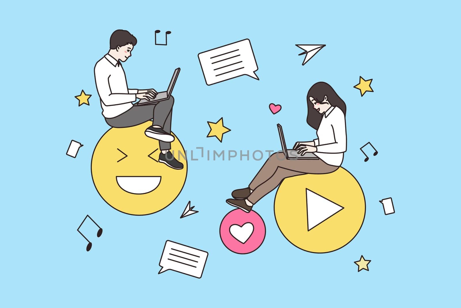 People sit on emoticons chat communicate online with laptops on social media. Smiling man and woman text message on internet at computer. Network, web communication concept. Flat vector illustration.