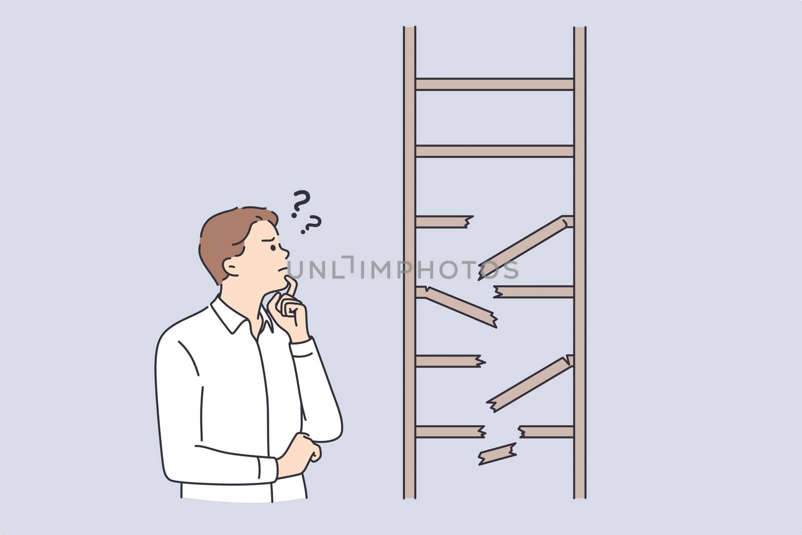 Frustration, business strategy, doubt concept. Young frustrated businessman cartoon character standing looking at broken ladder feeling not confident vector illustration