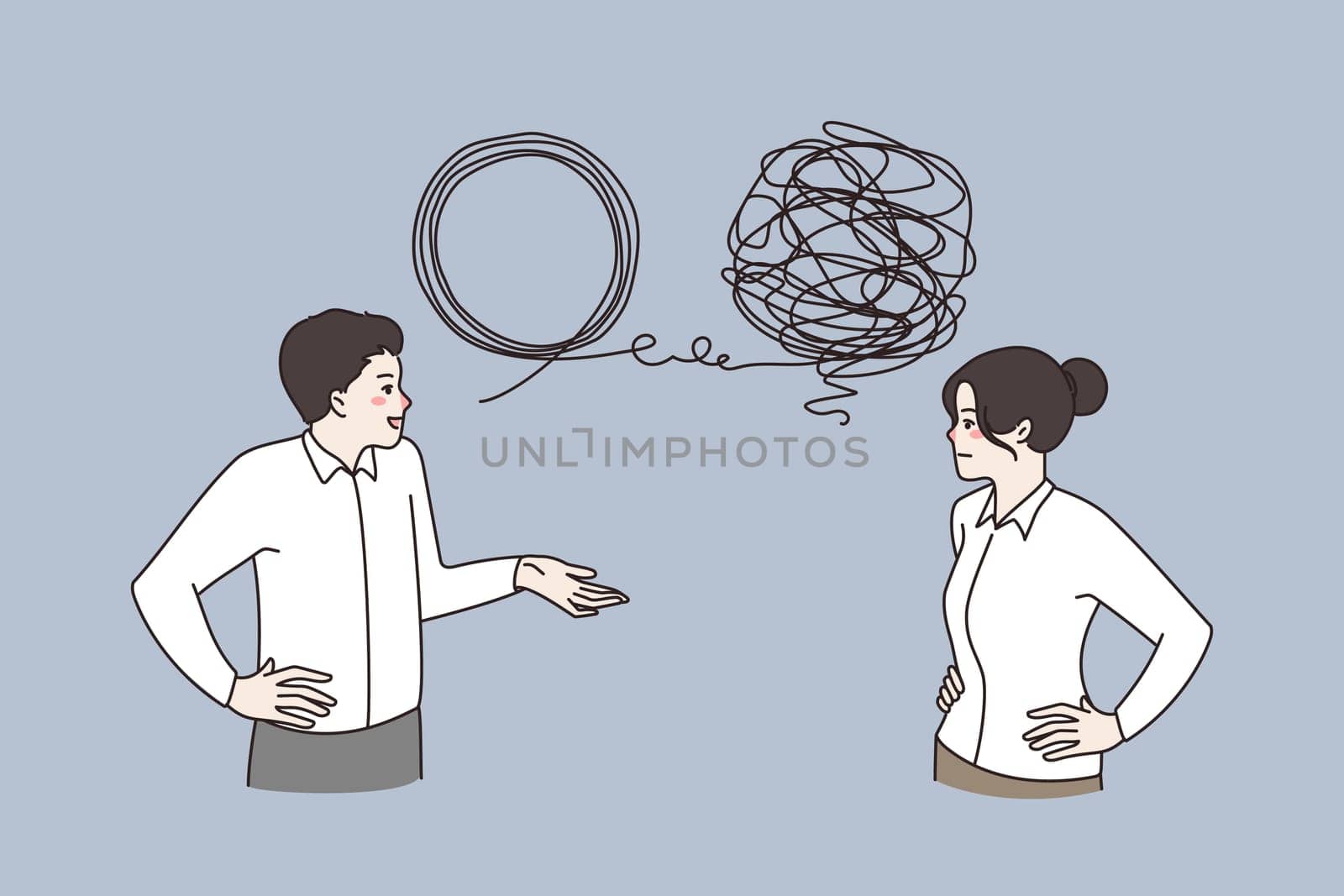 Businesspeople talk brainstorm discuss idea together, solve business problem. Man and woman employees colleagues unravel complex situation. Teamwork, solution concept. Vector illustration.