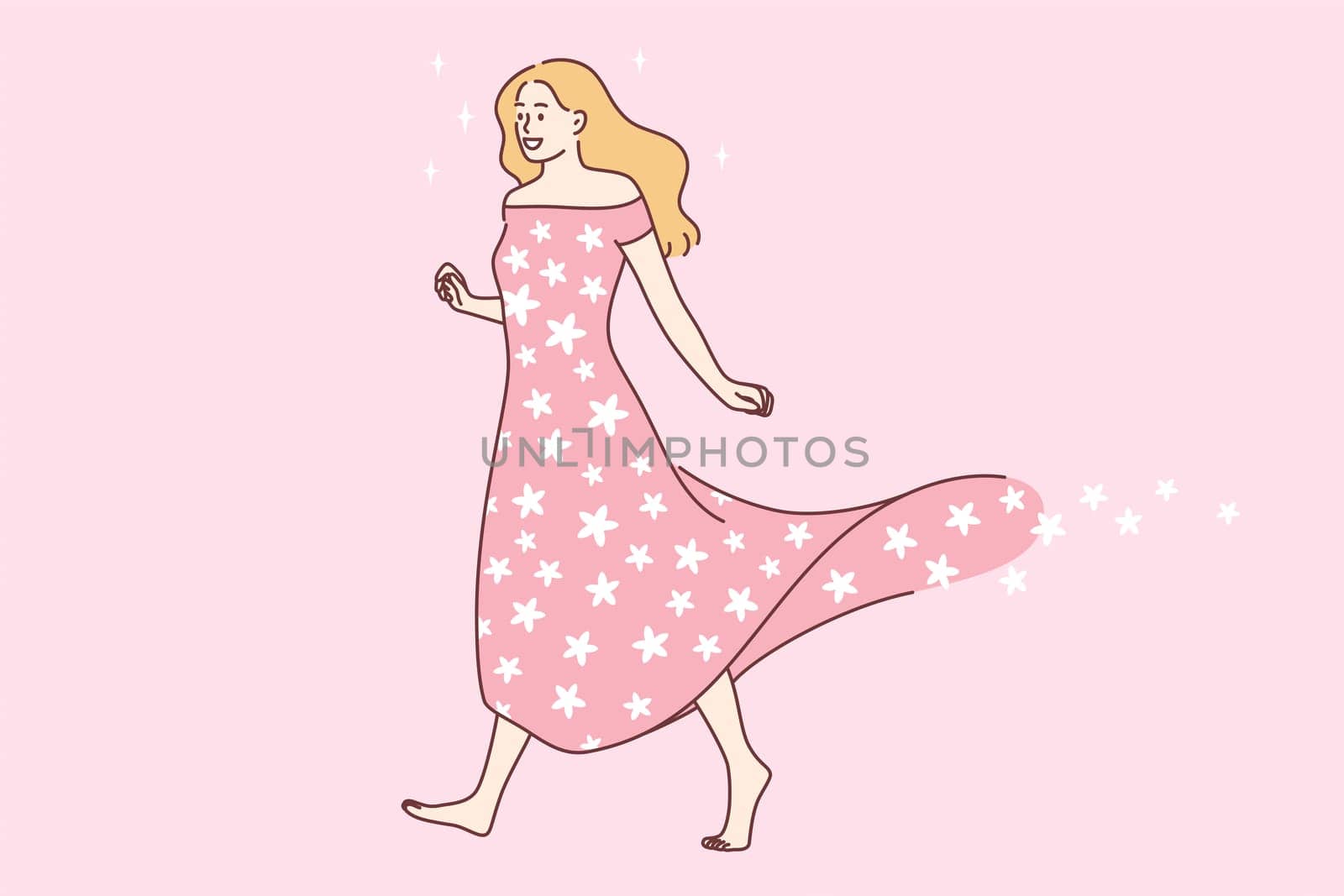 Natural beauty of woman concept. Young smiling blonde woman in pink long dress walking with flowers flying nearby feeling beautiful vector illustration