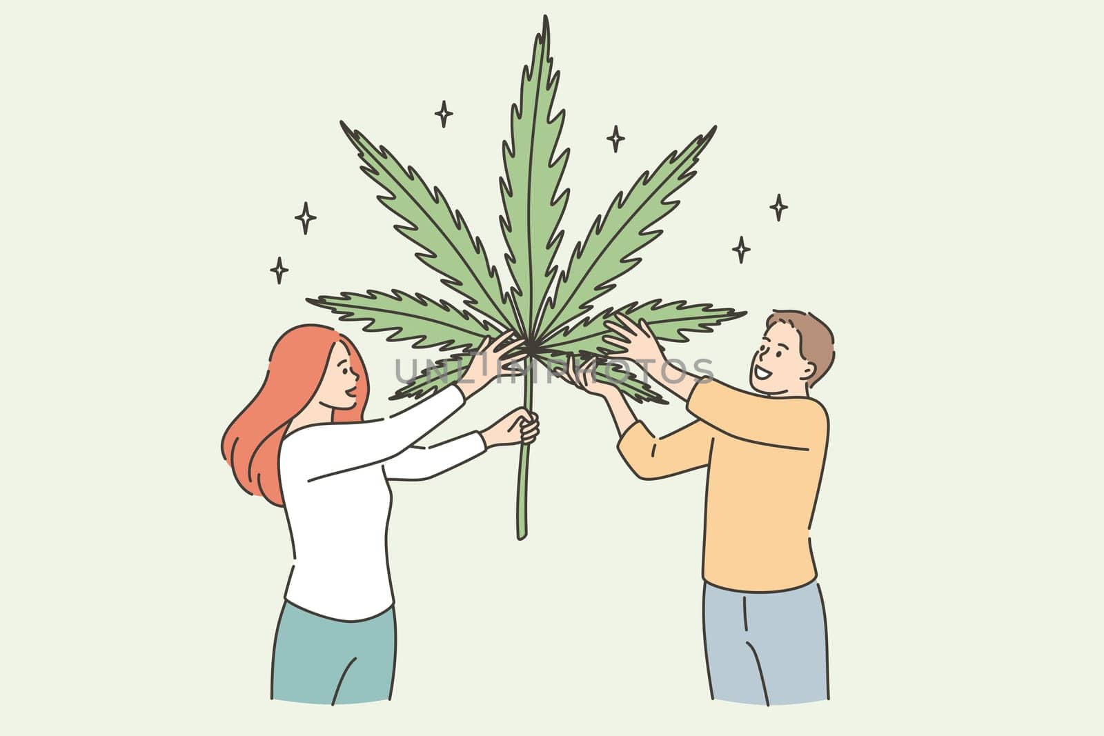 Growing marijuana herbal medicine concept. Two young smiling people cartoon characters standing holding huge marijuana leaf in hands vector illustration