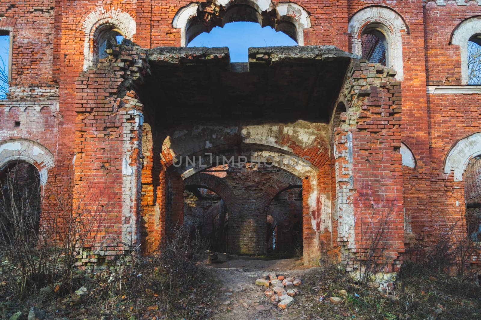 Old ruins. destroyed brick walls of ancient building