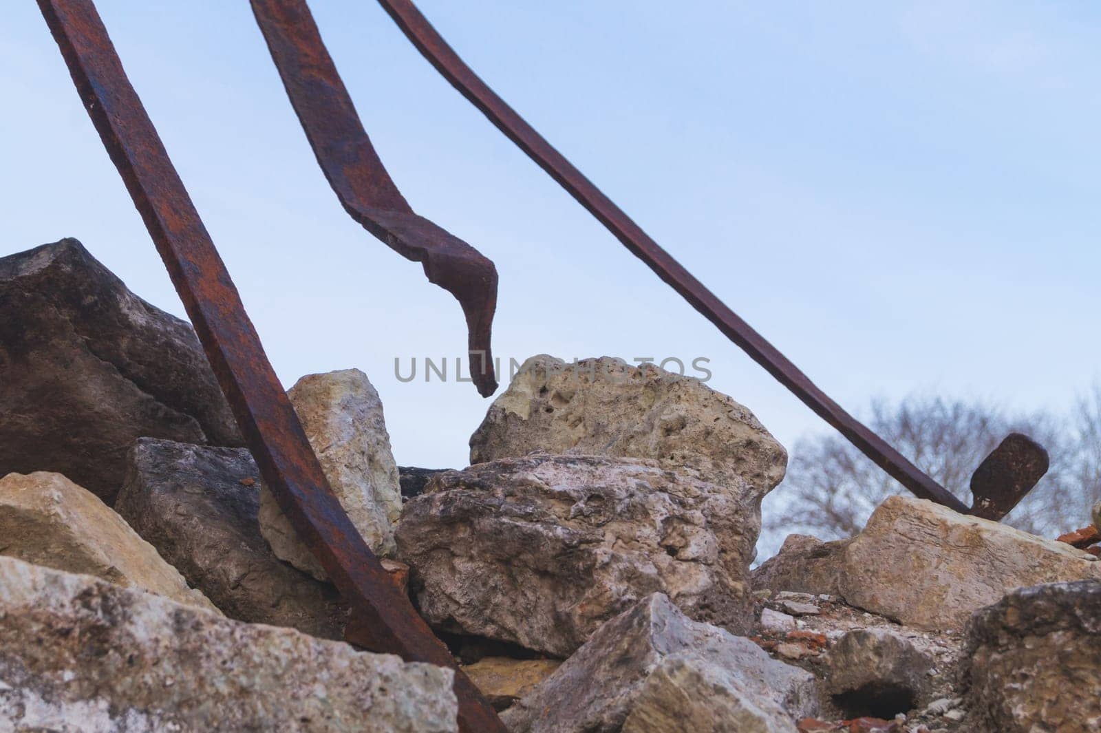 Iron armature in destroyed building. old abandoned ruins