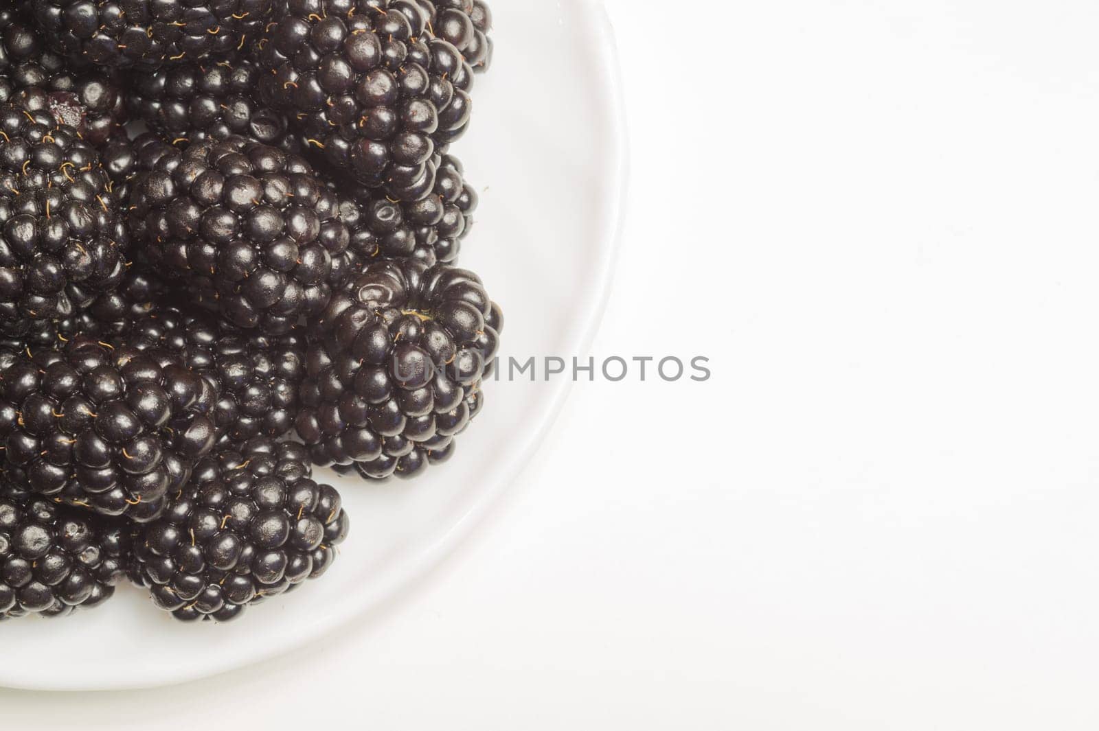 Blackberries on a plate isolated on white background. fresh berries with copy space