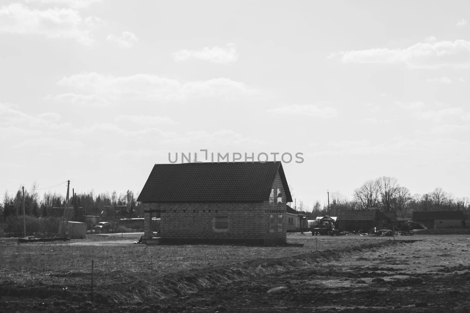 Countryside view with village house. houses in the filed