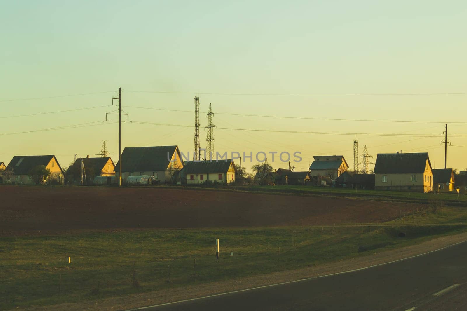 Countryside view with village house. houses in the filed