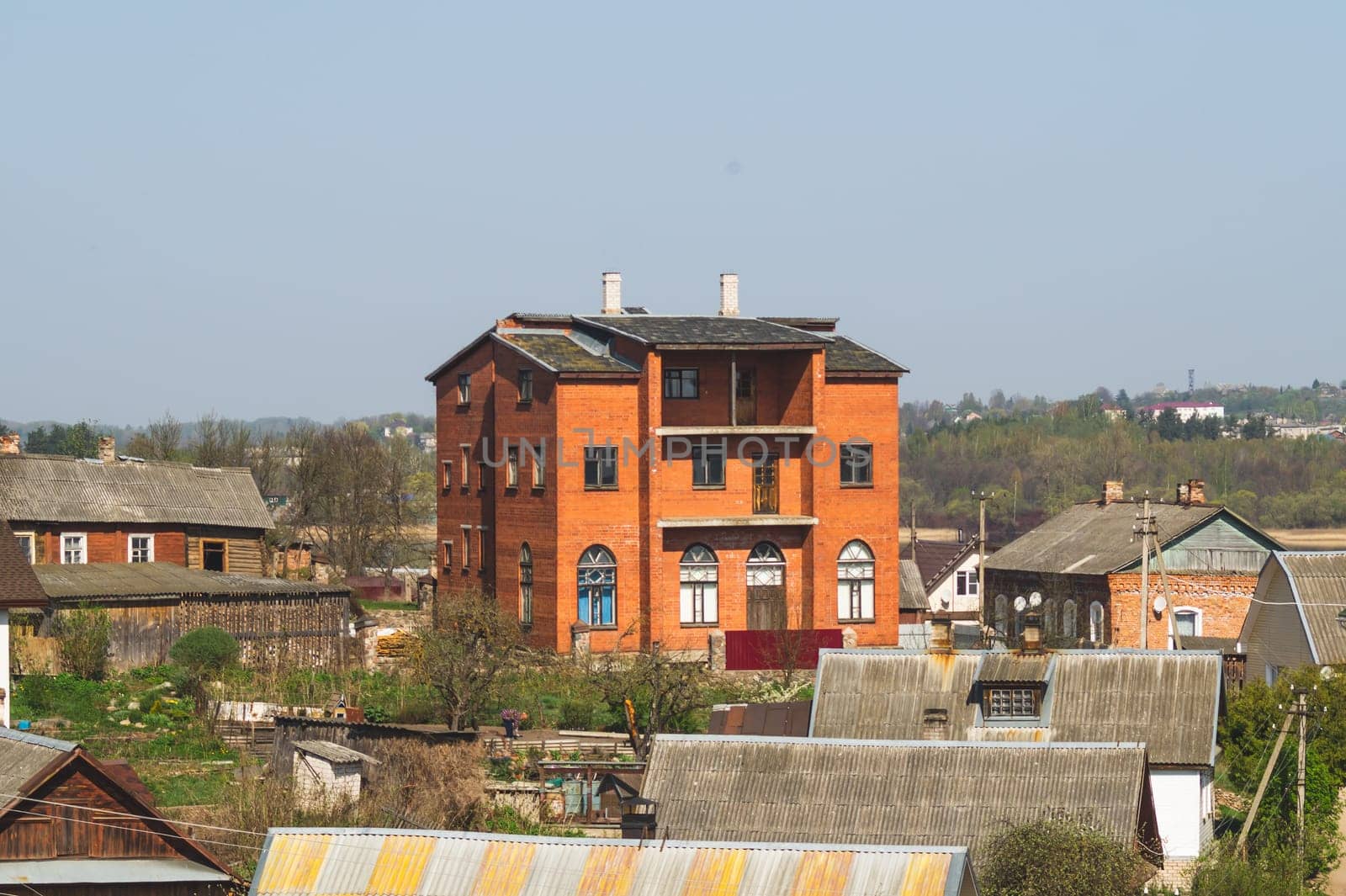 Rural landscape. countryside village with various houses background
