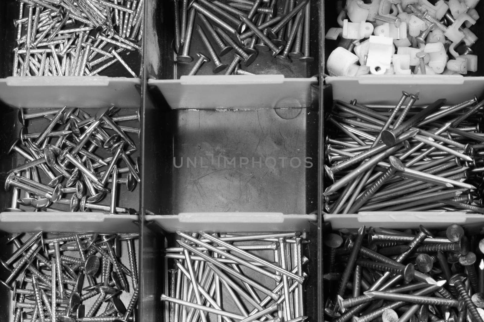 Various metal nails in toolbox background. nails in the cells of the box. copy space